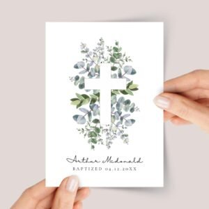 Personalized Baptism Card with White Cross and Eucalyptus