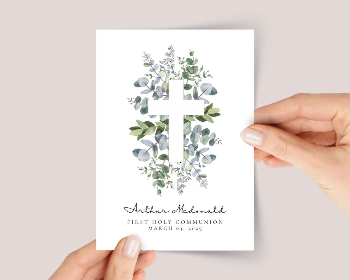 Personalized Baptism Card with White Cross and Eucalyptus