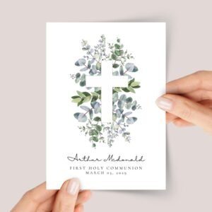 Personalized Baptism Card with White Cross and Eucalyptus