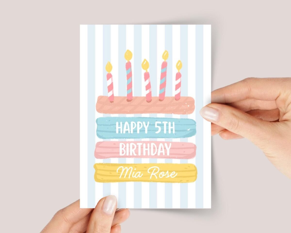 Personalized 5th Birthday Card for Kids with Cake and Five Candles