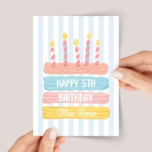 Personalized 5th Birthday Card for Kids with Cake and Five Candles
