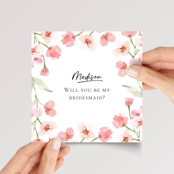 Custom Wedding Card for Bridesmaid/Maid of Honor with Pink Flowers