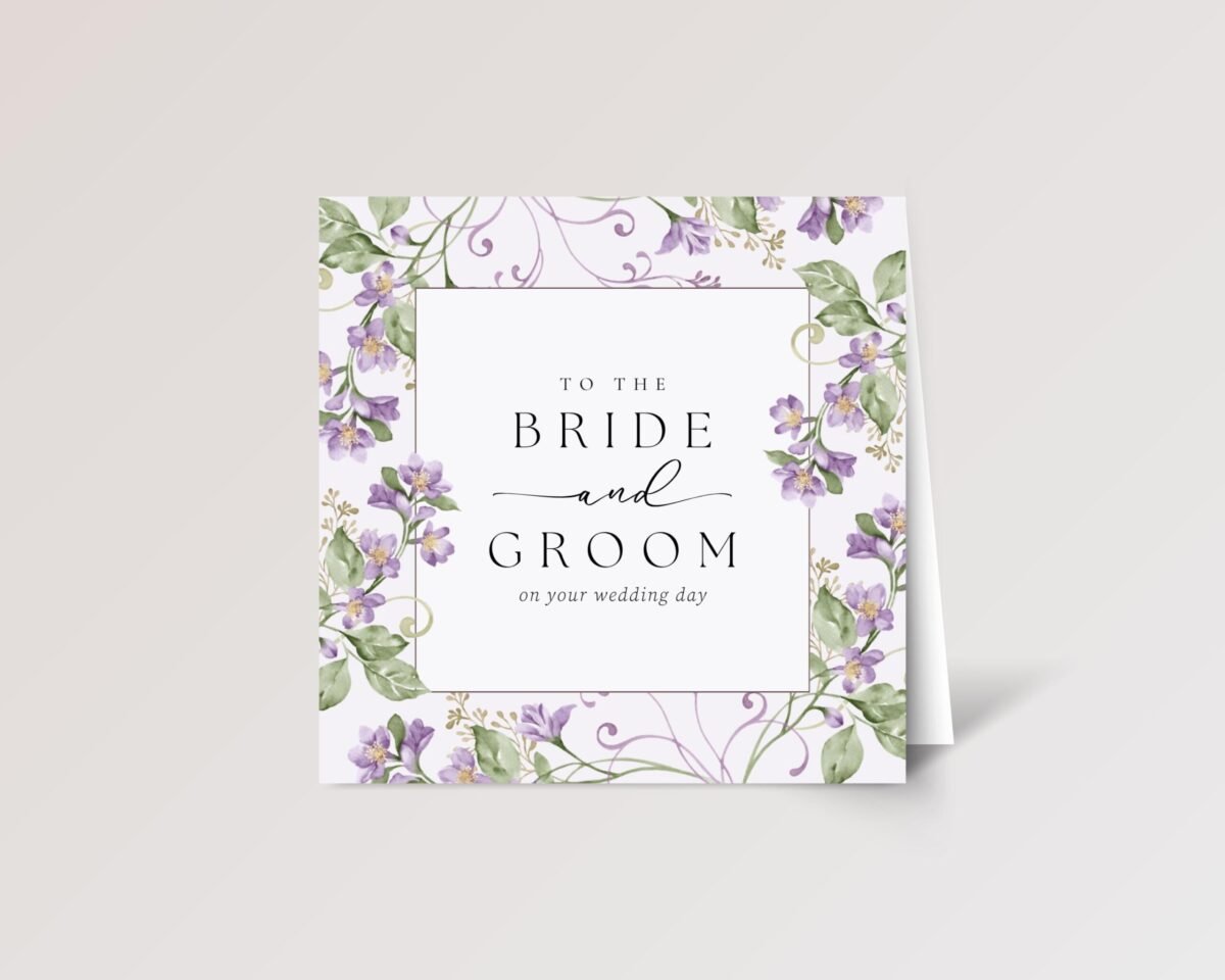 Wedding Card for Bride and Groom with Purple Flowers