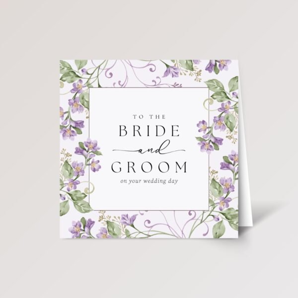 Wedding Card for Bride and Groom with Purple Flowers