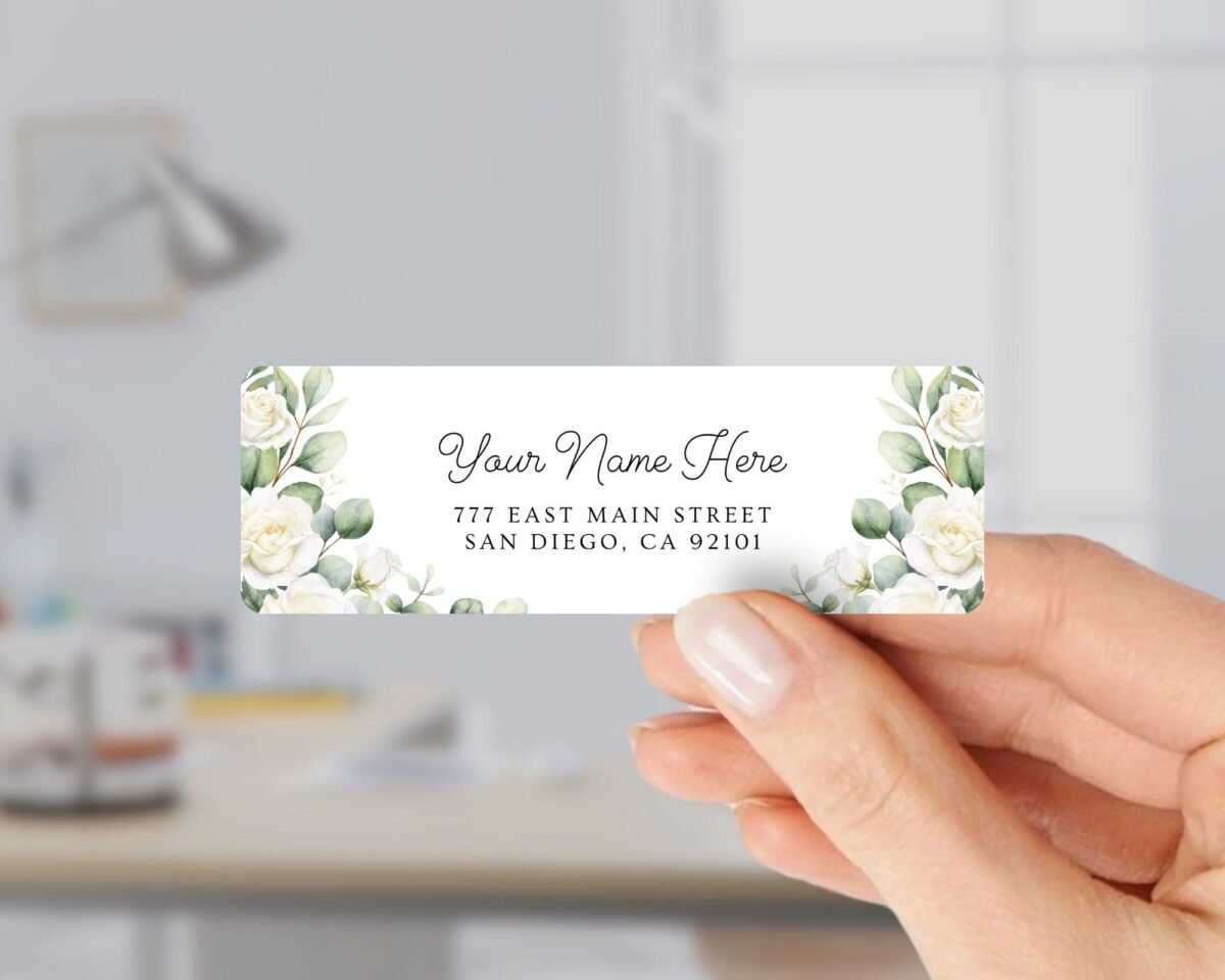 Return Address Labels with White Roses for Weddings and Invitations