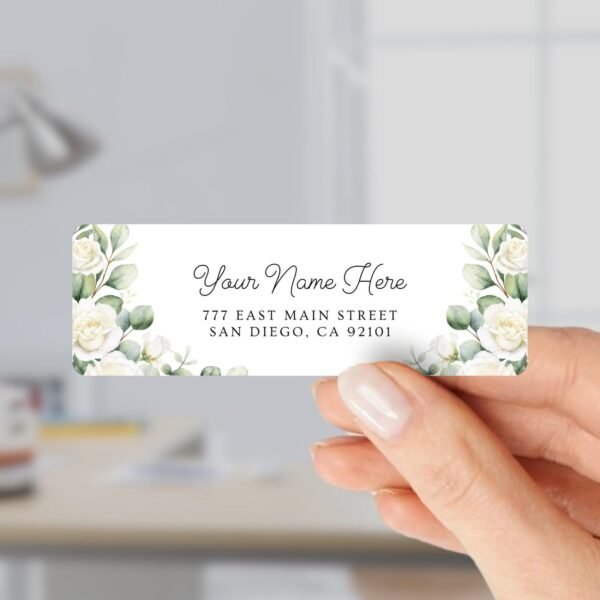 Return Address Labels with White Roses for Weddings and Invitations