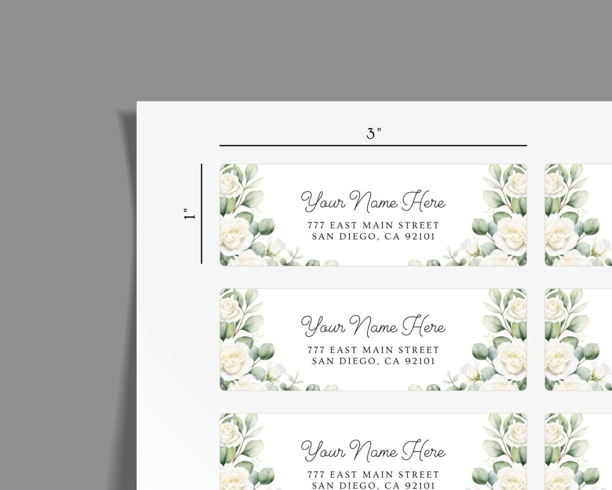 Return Address Labels with White Roses for Weddings and Invitations