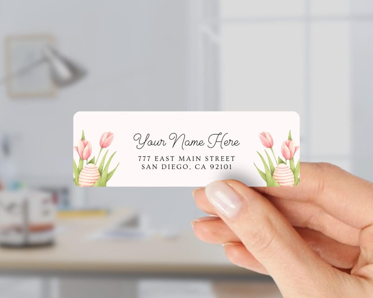 Return Address Labels with Pink Tulips and Easter Eggs