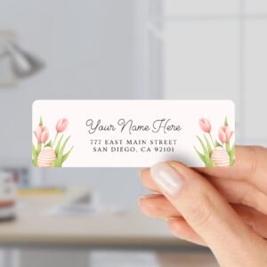 Return Address Labels with Pink Tulips and Easter Eggs