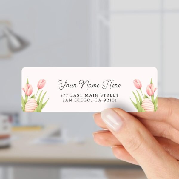 Return Address Labels with Pink Tulips and Easter Eggs