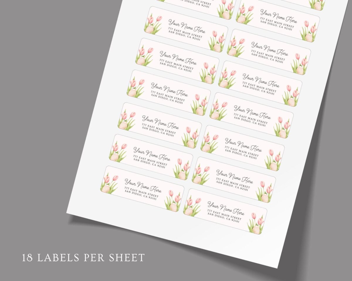 Return Address Labels with Pink Tulips and Easter Eggs