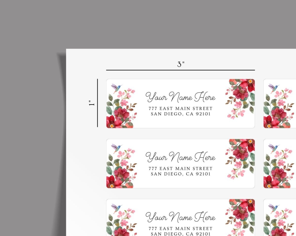 Return Address Labels with Rust Red Flowers and Hummingbird