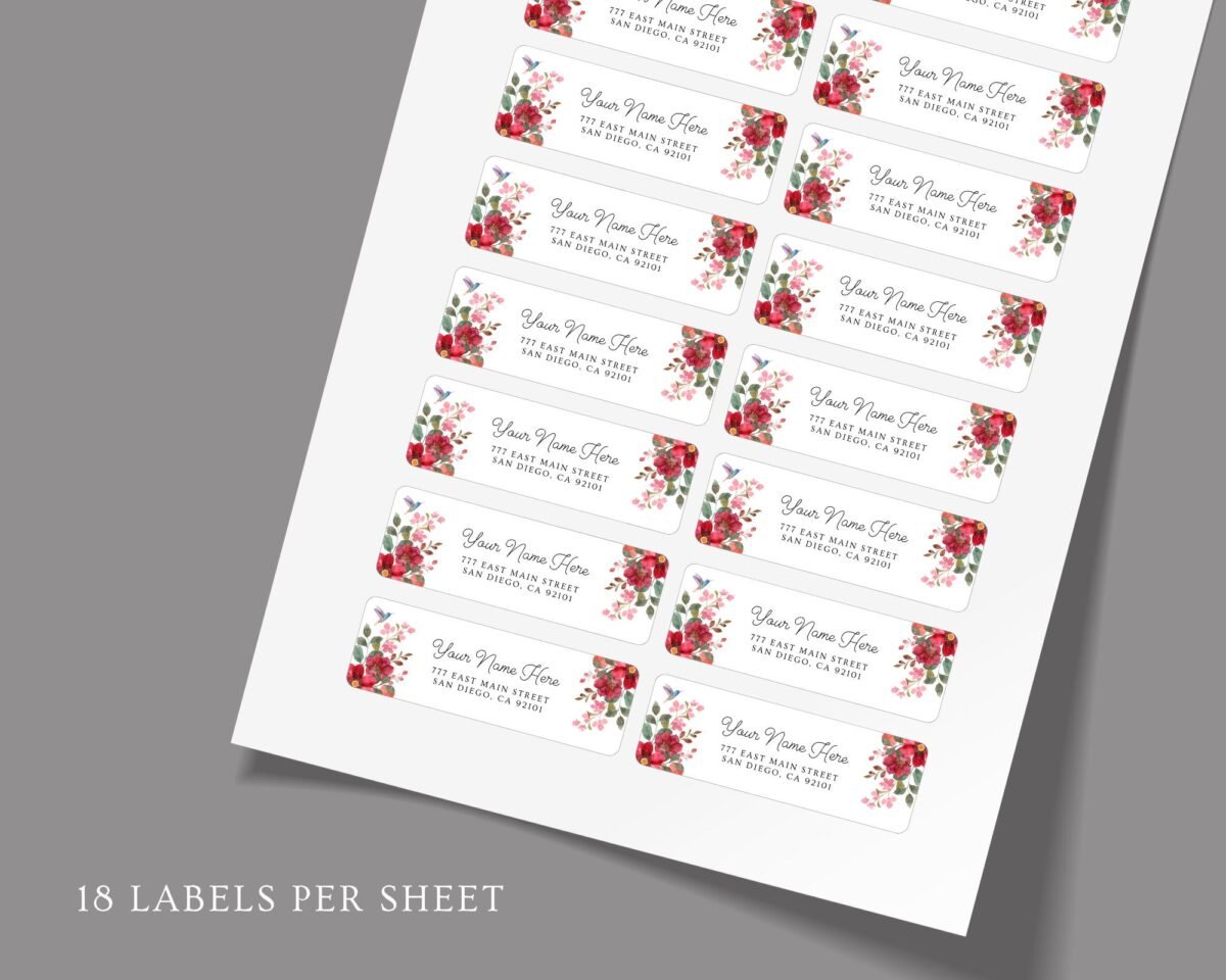Return Address Labels with Rust Red Flowers and Hummingbird