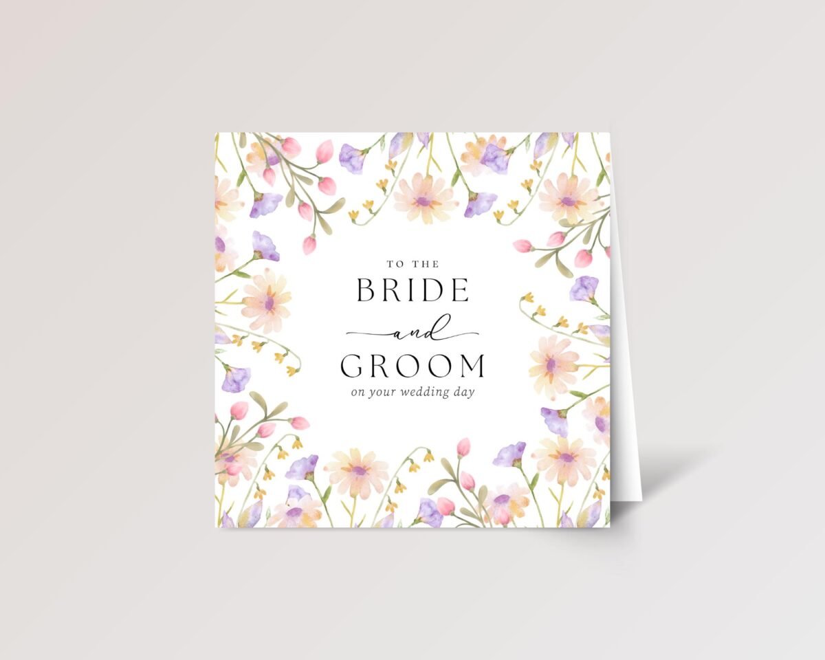 Wedding Card for Bride and Groom with Pink and Purple Flowers