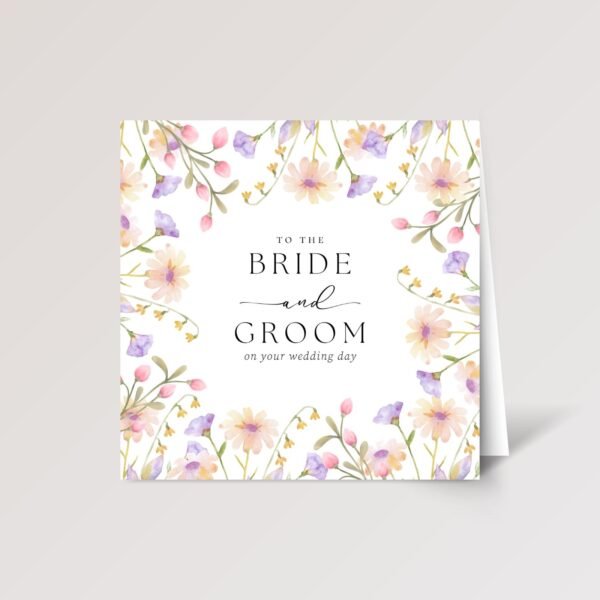 Wedding Card for Bride and Groom with Pink and Purple Flowers