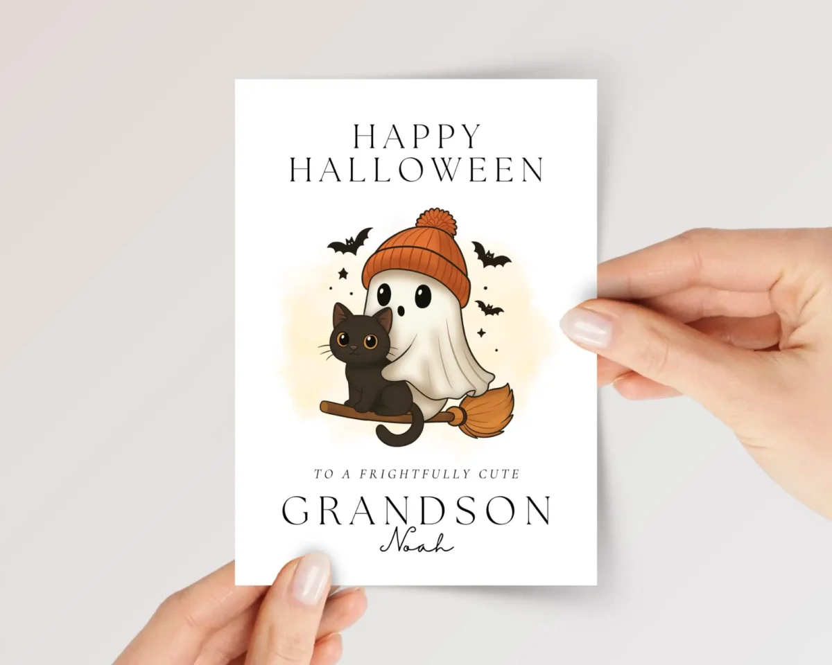 Personalized Halloween Card for Grandson with Ghost and Black Cat