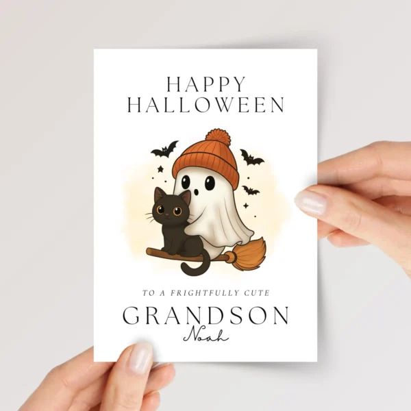 Personalized Halloween Card for Grandson with Ghost and Black Cat - Image 1 Personalized Halloween Card for Grandson with Ghost and Black Cat