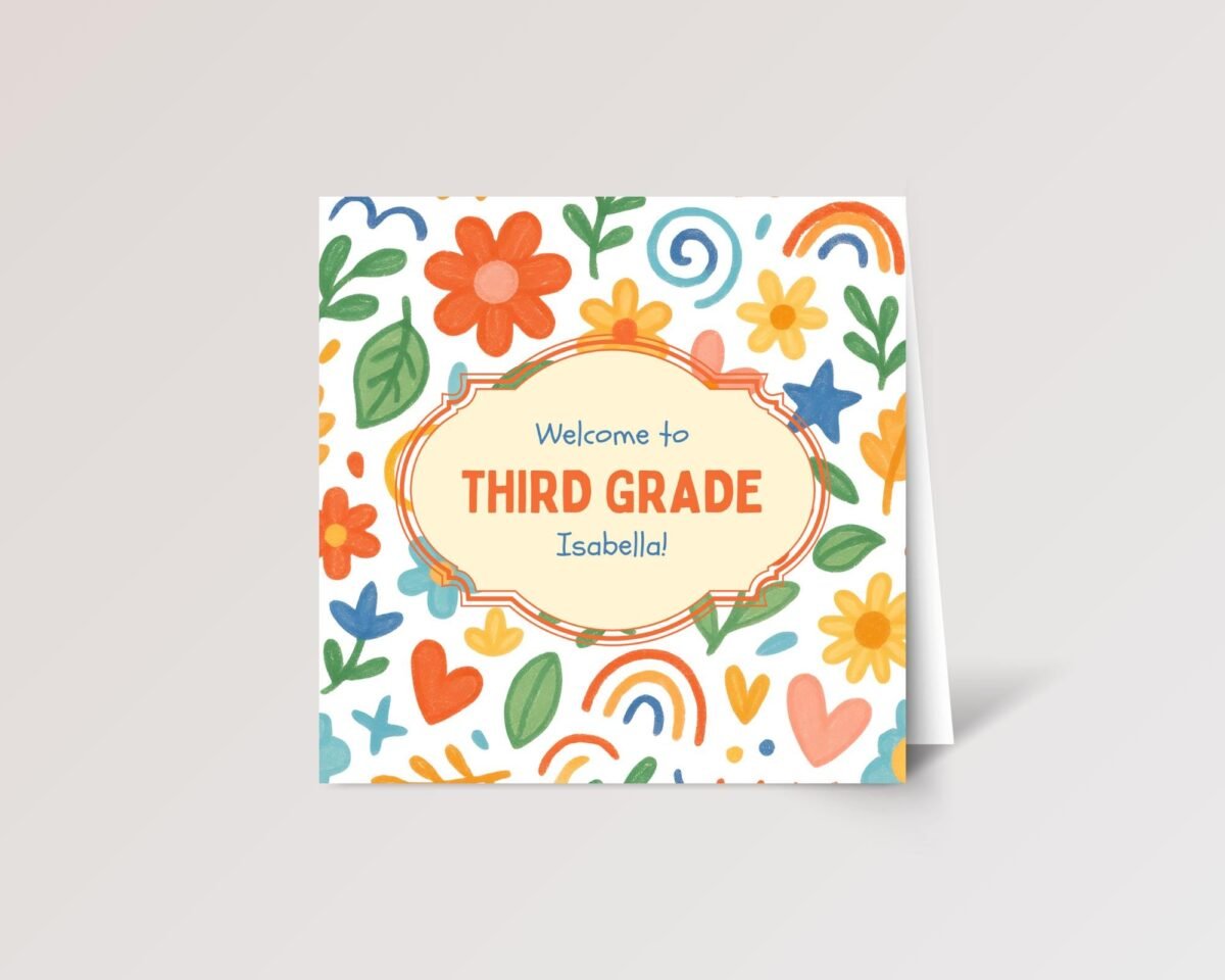 Floral Back to School Card for Kindergarten, First, Second, Third Grade