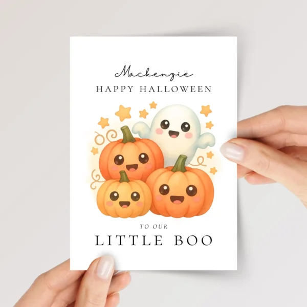 Halloween Card for Daughter or Grandson With Ghost and Pumpkins | Little Boo - Image 1 Halloween Card for Daughter or Grandson With Ghost and Pumpkins | Little Boo