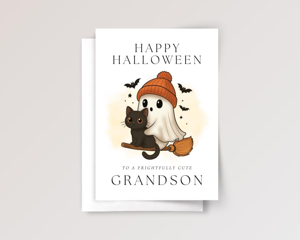 Personalized Halloween Card for Grandson with Ghost and Black Cat