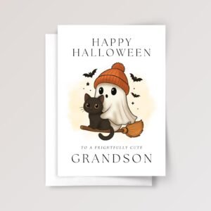 Personalized Halloween Card for Grandson with Ghost and Black Cat