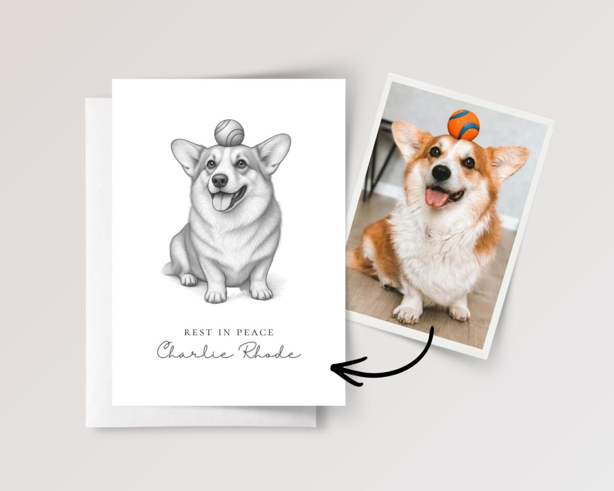 Pet Portrait Funeral Card with Photo Sketch in Black & White
