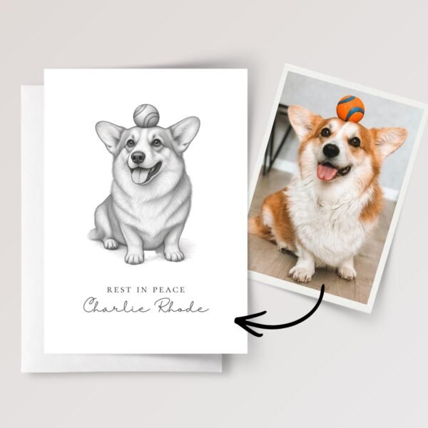 Pet Portrait Funeral Card with Photo Sketch in Black & White