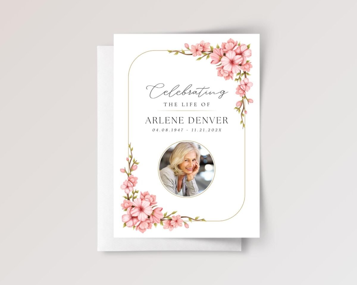 Funeral Card for Celebration of Life with Pink Flowers