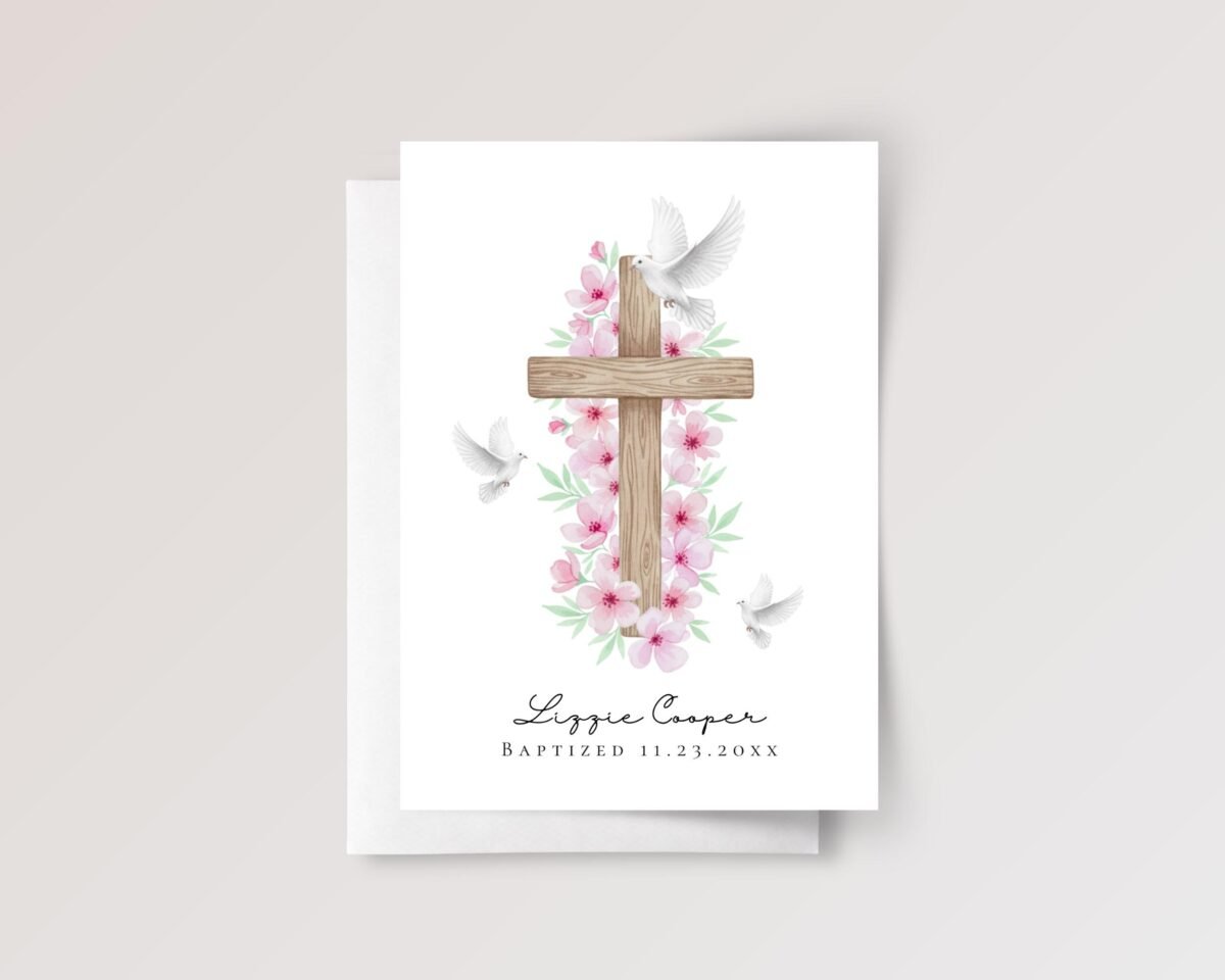 Personalized Baptism Card with Cross and Blue Flowers