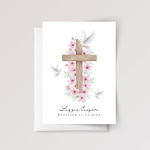 Personalized Baptism Card with Cross and Blue Flowers
