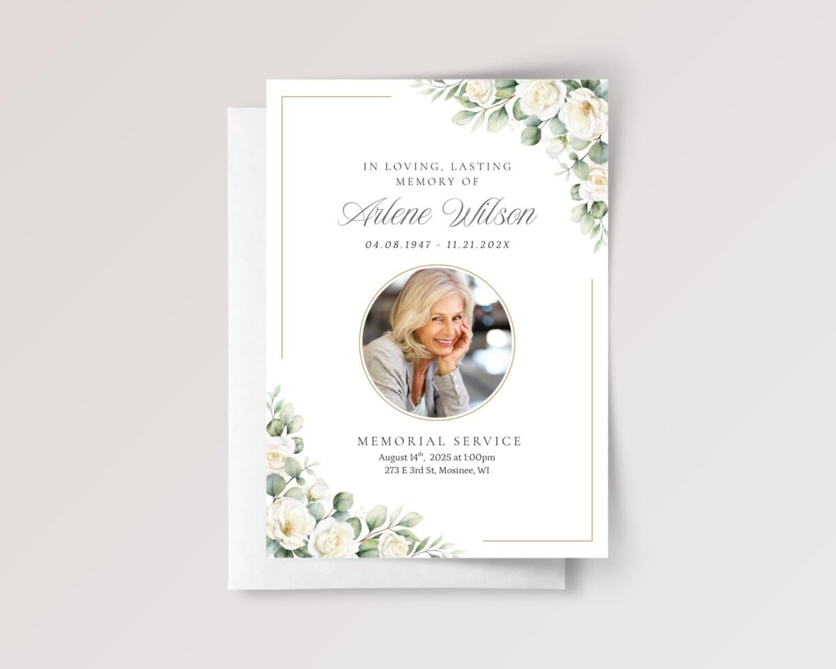Funeral Card for Celebration of Life with White Roses