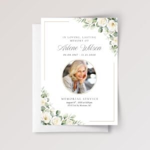 Funeral Card for Celebration of Life with White Roses