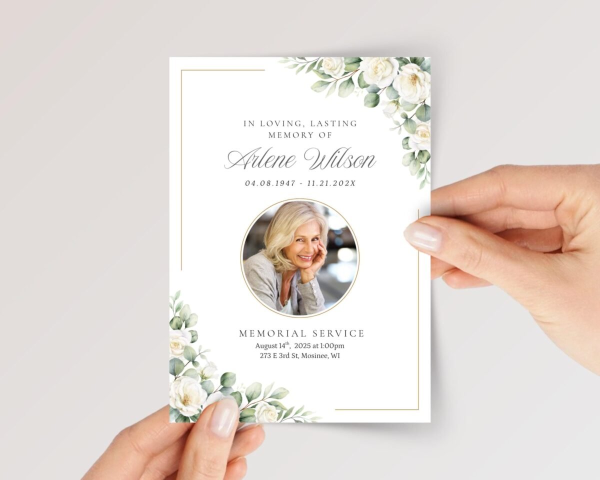 Funeral Card for Celebration of Life with White Roses - Image 1 Funeral Card for Celebration of Life with White Roses