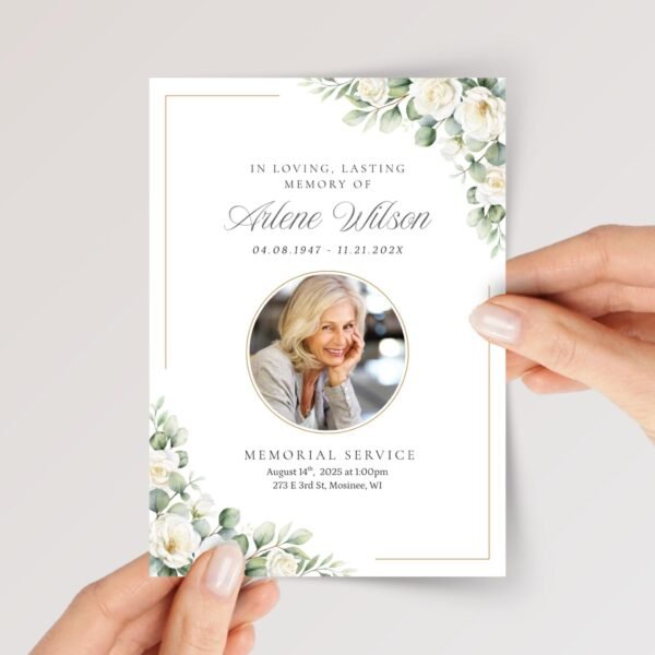 Funeral Card for Celebration of Life with White Roses - Image 1 Funeral Card for Celebration of Life with White Roses
