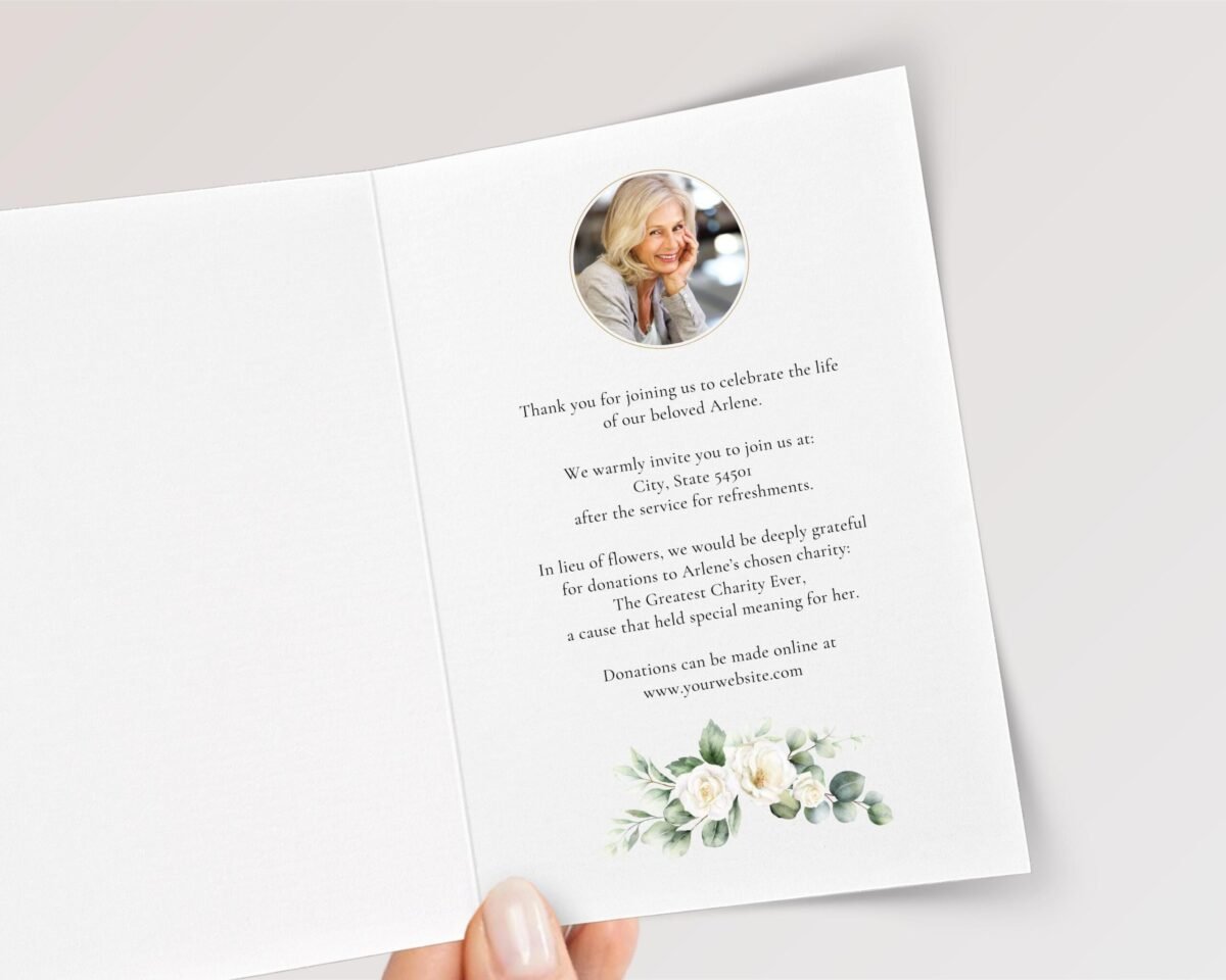 Funeral Card for Celebration of Life with White Roses