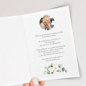 Funeral Card for Celebration of Life with White Roses