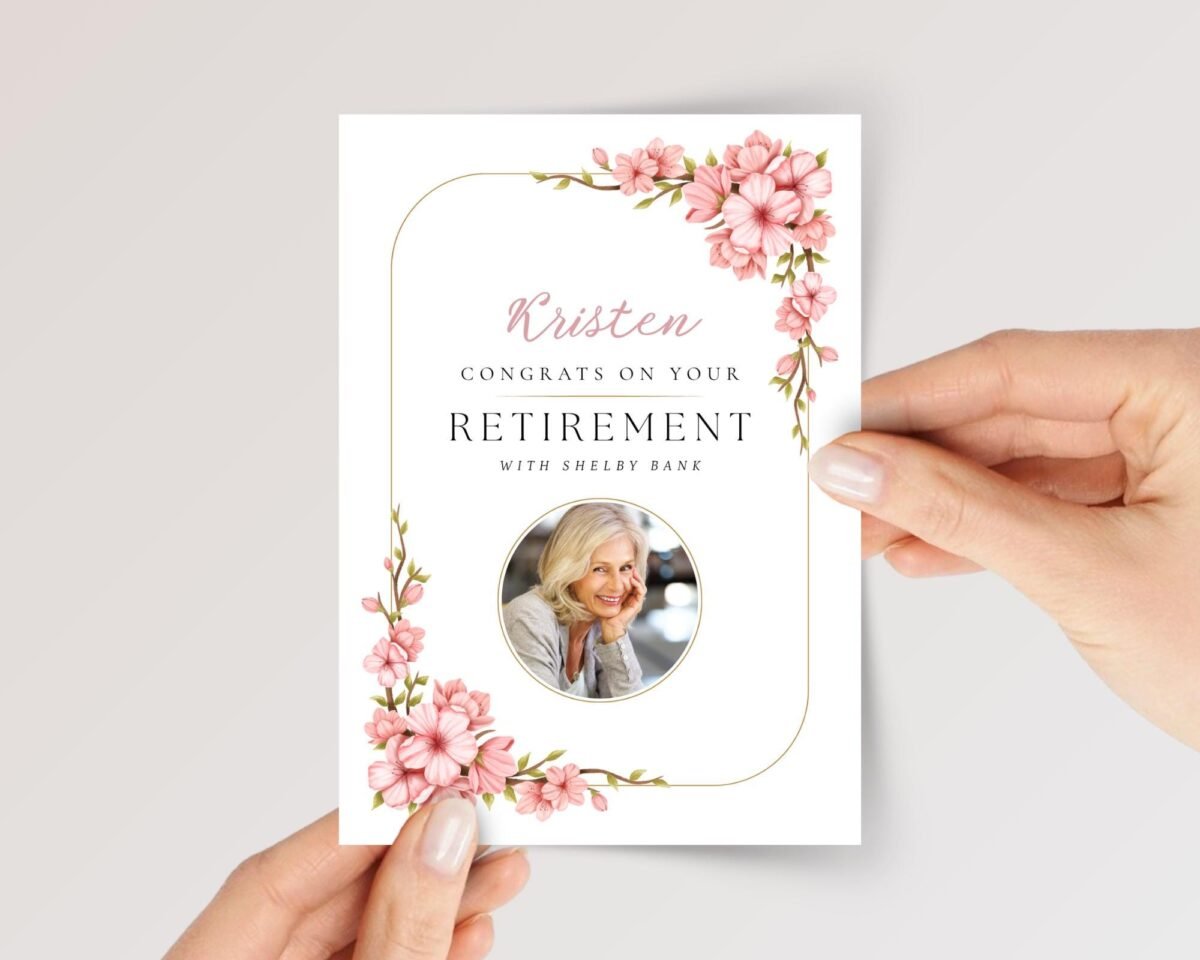 Photo Retirement Card for Wife, Mom, Colleague/Boss with Pink Flowers - Image 1 Photo Retirement Card for Wife, Mom, Colleague/Boss with Pink Flowers