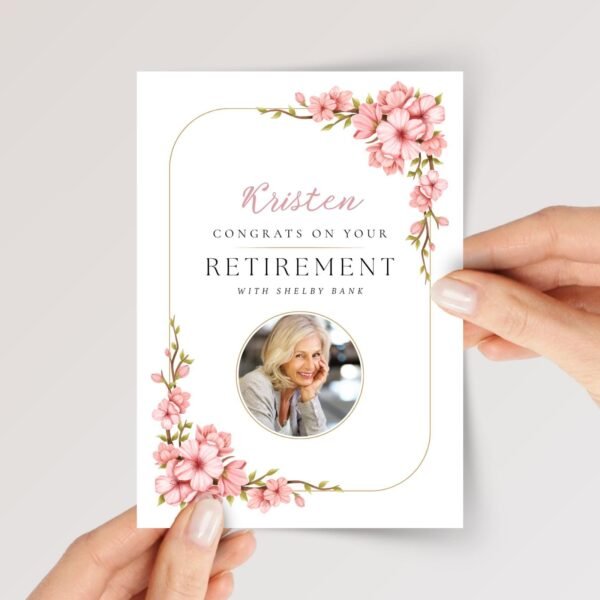 Photo Retirement Card for Wife, Mom, Colleague/Boss with Pink Flowers - Image 1 Photo Retirement Card for Wife, Mom, Colleague/Boss with Pink Flowers