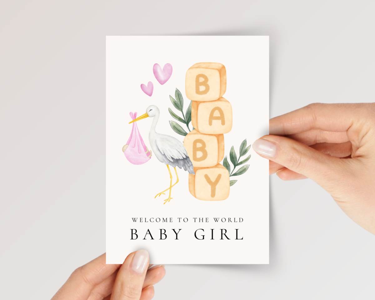 Baby Shower Card for Newborn Girl with Blocks and Stork, 5 x 7 Greeting Card and White Envelope
