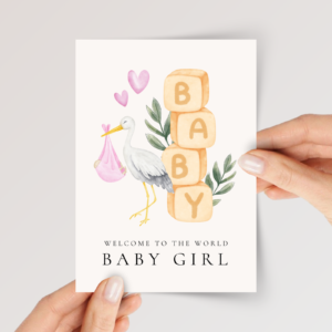 Baby Shower Card for Newborn Girl with Blocks and Stork, 5 x 7 Greeting Card and White Envelope