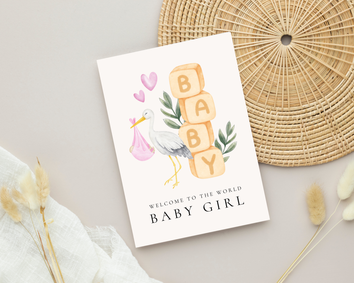 Baby Shower Card for Newborn Girl with Blocks and Stork, 5 x 7 Greeting Card and White Envelope