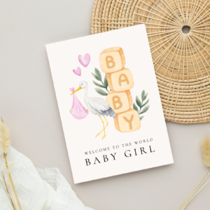 Baby Shower Card for Newborn Girl with Blocks and Stork, 5 x 7 Greeting Card and White Envelope