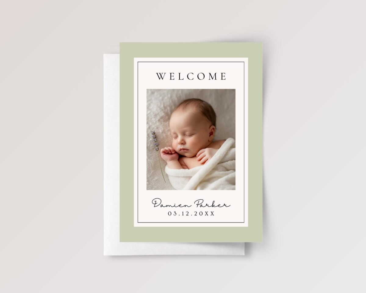 Personalized Baby Announcement Card with Photo, 5 x 7 Greeting Card and Envelope, Green-Pink-White