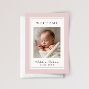 Personalized Baby Announcement Card with Photo, 5 x 7 Greeting Card and Envelope, Green-Pink-White