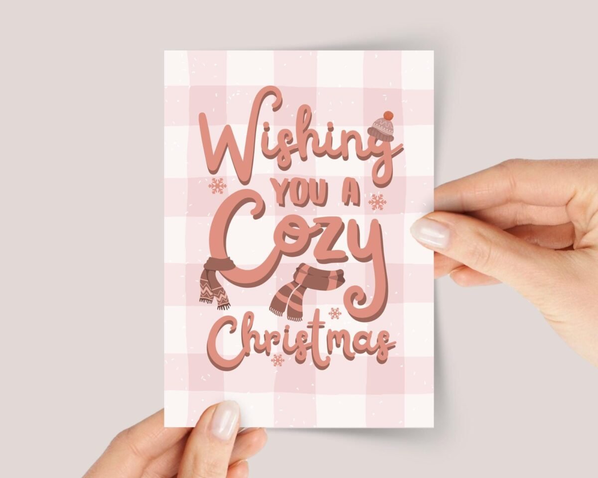 Cozy Christmas Card Pack with Pink Gingham, 5 x 7 Holiday Greeting Cards and Envelopes