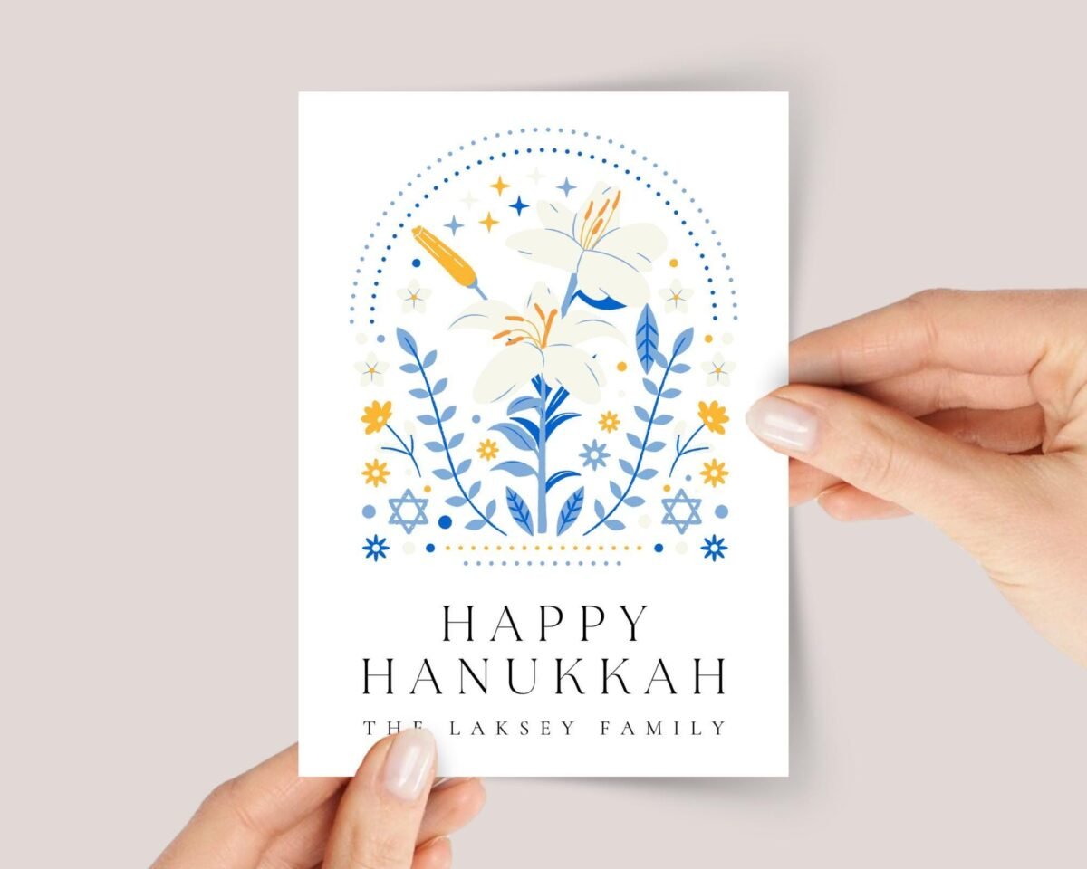 Personalized Hanukkah Card Pack, 5 x 7 Floral Greeting Cards and Envelopes