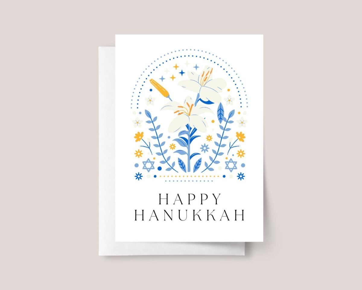 Personalized Hanukkah Card Pack, 5 x 7 Floral Greeting Cards and Envelopes