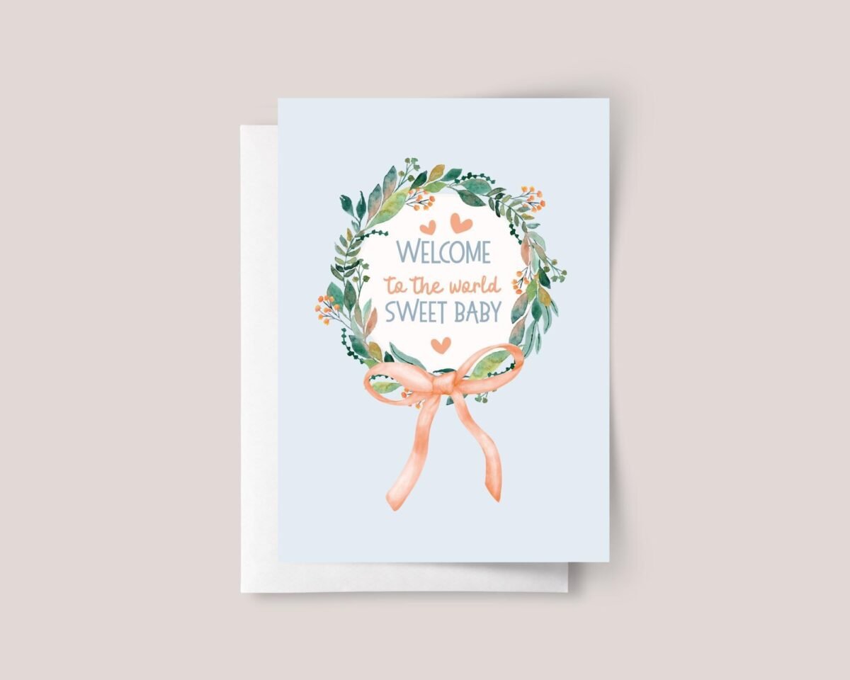 Baby Announcement Card with Christmas Wreath, 5 x 7 Greeting and Envelope