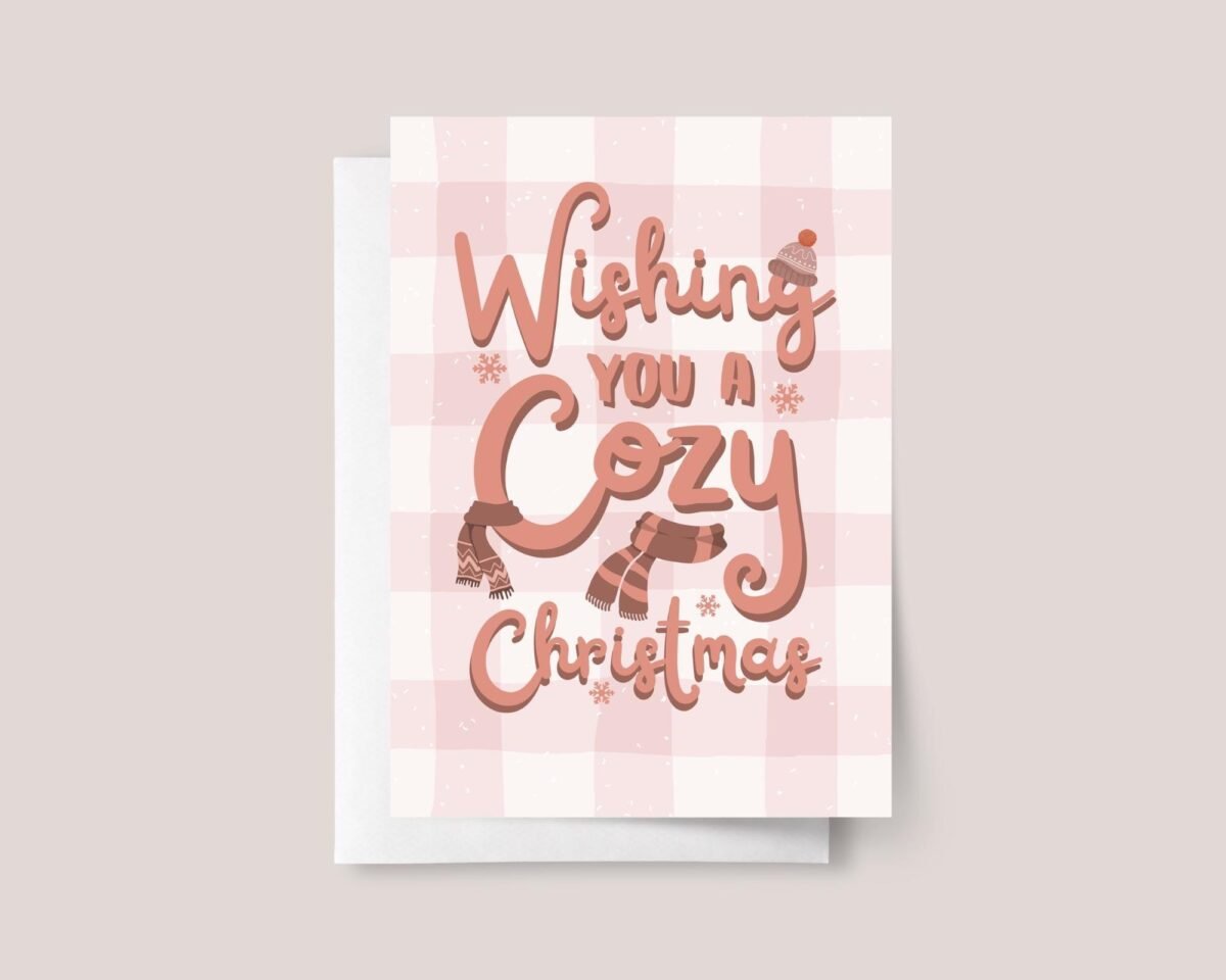 Cozy Christmas Card Pack with Pink Gingham, 5 x 7 Holiday Greeting Cards and Envelopes