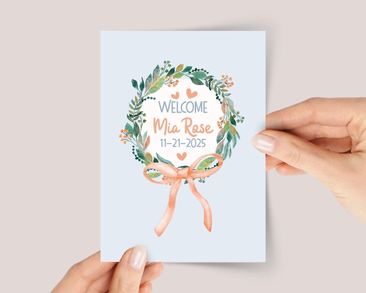 Baby Announcement Card with Christmas Wreath, 5 x 7 Greeting and Envelope